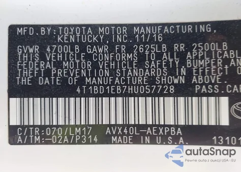 2017 Toyota Avalon Hybrid Limited из США, поврежденный, VIN 4T1BD1EB7HU057728